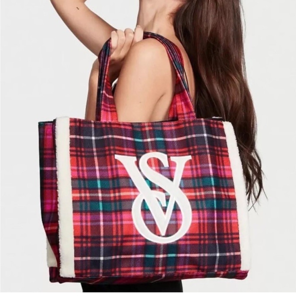 Victoria's Secret Plaid Fleece-Trim Tote Weekender Bag